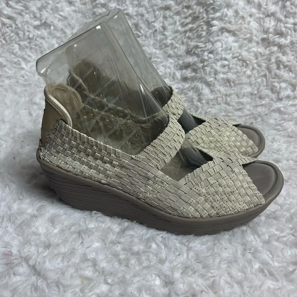 Skechers Parallel Beige /Gold Weave Wedge Peep Toe Sandals Shoes SZ9.5